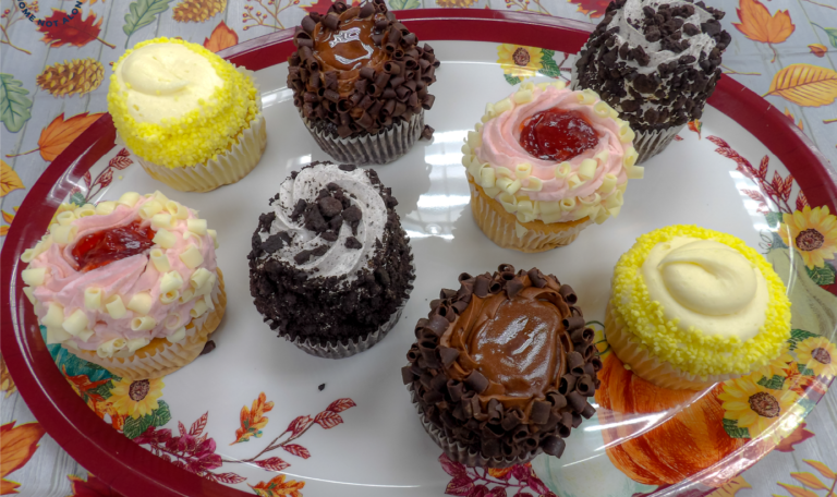 An assortment of colorful cupcakes with vibrant decorations, including chocolate shavings, yellow sprinkles, and strawberry jam filling, arranged on a festive platter at the Thanksgiving 2024 'Friendsgiving' Event by Home Not Alone Caregiver Services for individuals with intellectual disability (IDD) within residential group homes and accessible family group homes in Allegheny County, Pittsburgh, Pennsylvania.