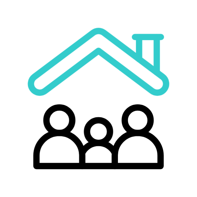 Icon of three people under a rooftop with a heart, symbolizing peace of mind for families through community-centered safety and dignity. Provided by Home Not Alone Caregiver Services for individuals with intellectual disability and Autism (ID/A) within Community for Disabled Adults and accessible family group homes in Allegheny County, Pittsburgh, Pennsylvania.