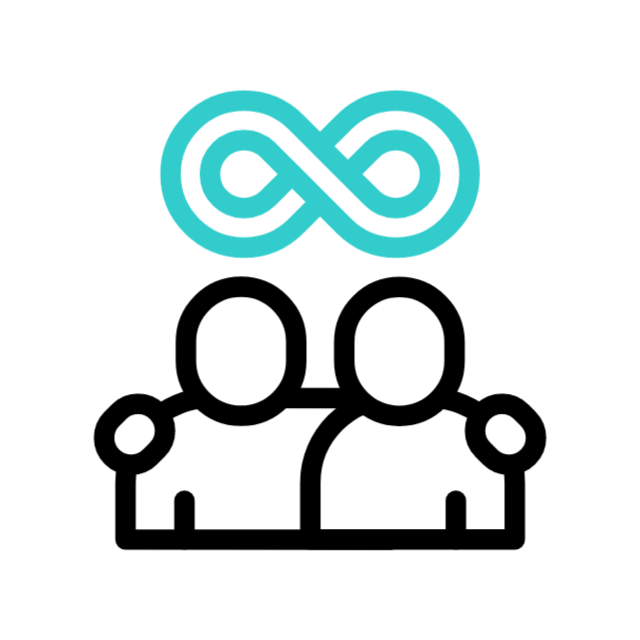 Icon of three individuals with an infinity symbol, representing long-term trust, consistency, and strong relationships in care. Provided by Home Not Alone Caregiver Services for individuals with intellectual disability and Autism (ID/A) within Community for Disabled Adults and accessible family group homes in Allegheny County, Pittsburgh, Pennsylvania.
