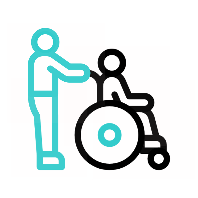 Icon of a caregiver standing beside a person in a wheelchair, symbolizing gentle presence and supportive independence. Provided by Home Not Alone Caregiver Services for individuals with intellectual disability and Autism (ID/A) within Community for Disabled Adults and accessible family group homes in Allegheny County, Pittsburgh, Pennsylvania.