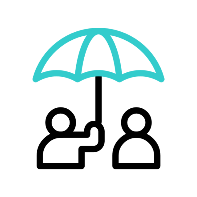 Icon of two people under an umbrella, representing protective, non-intrusive safety throughout the day and night. Provided by Home Not Alone Caregiver Services for individuals with intellectual disability and Autism (ID/A) within Community for Disabled Adults and accessible family group homes in Allegheny County, Pittsburgh, Pennsylvania.
